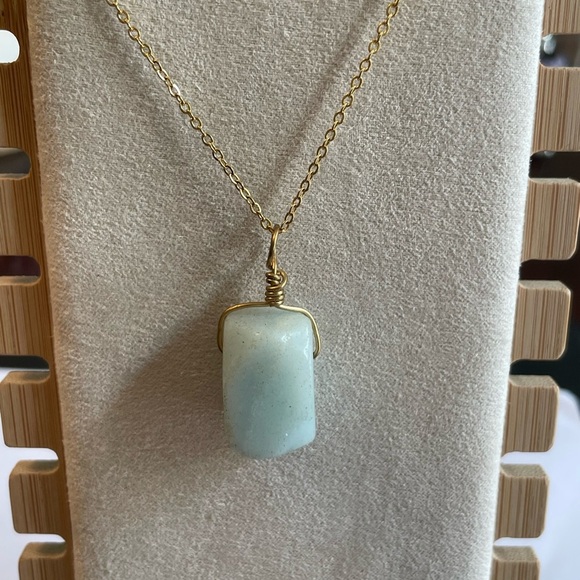 Natural Amazonite Pendant Necklace – Gold Wire Wrap, 20” Chain, Handmade NEW - Picture 3 of 4
